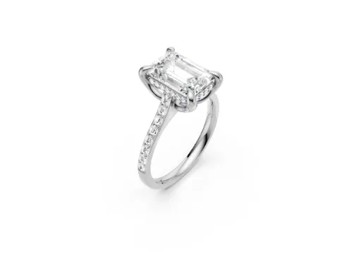14k White Gold Pave Set Diamond Engagement Ring with Cathedral Style Mounting leading up to a 3.04ct Emerald Cut Diamond - With Straight Claw Prongs poster