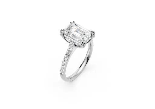 14k White Gold Pave Set Diamond Engagement Ring with Cathedral Style Mounting leading up to a 3.04ct Emerald Cut Diamond - With Split Claw Prongs poster